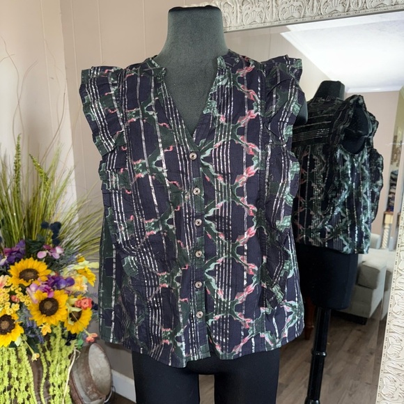 Anthropologie • Pilcro • Black Motif Ruffle Sleeve Button Up Blouse - Picture 10 of 12